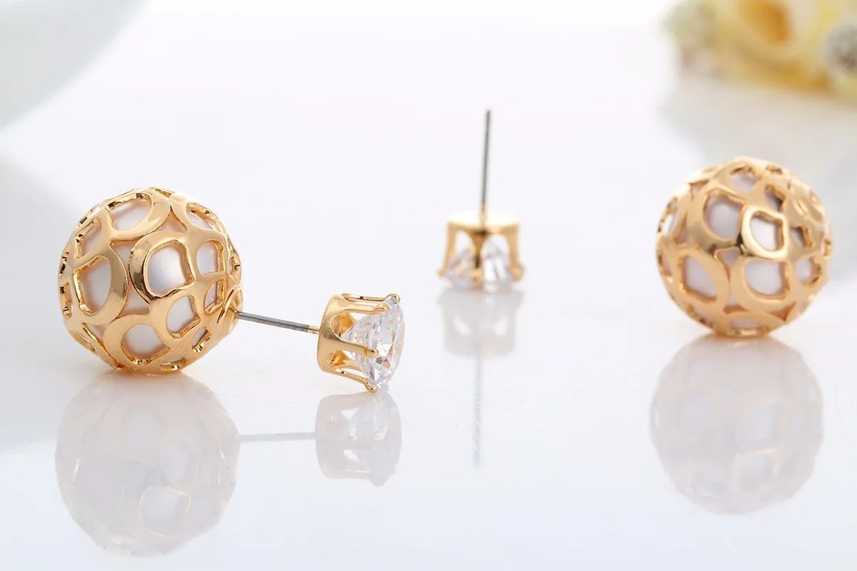 Double Side Ear Jacket Gold Color Pearl in Hollow Ball Six Claw AAA CZ Stud Earrings For Women Girls Front and Back Jewelry Aros|cz stud