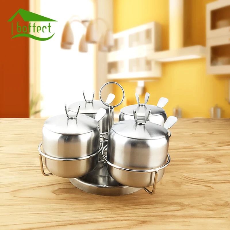 New 4Pcs/Set Rotating Stainless Steel Sugar Bowl Seasoning Jar Condiment Pot Spice Container Canister Cruet with Lid and Spoon
New 4Pcs/Set Rotating Stainless Steel Sugar Bowl Seasoning Jar Condiment Pot Spice Container Canister Cruet with Lid and Spoon