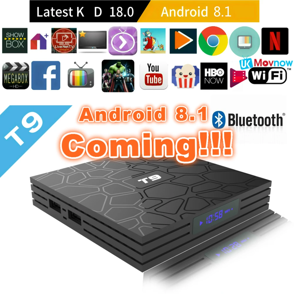 2018 T9 Android TV BOX Android 8.1 4GB 32GB 64GB Rockchip RK3328 H.265 4K USB 3.0 2.4G/5G WiFi Bluetooth 4.1 Smart TV box Media
2018 T9 Android TV BOX Android 8.1 4GB 32GB 64GB Rockchip RK3328 H.265 4K USB 3.0 2.4G/5G WiFi Bluetooth 4.1 Smart TV box Media