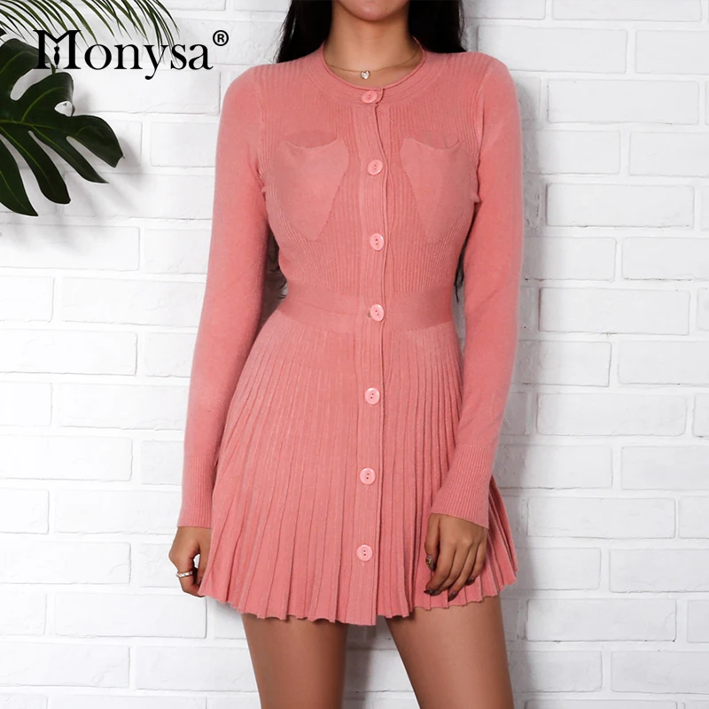 Knitted Casual Dress Autumn 2018 New Buttons Long Sleeve Dresses Women Pleated Mini Sweater Dress Pink Red Black Clothes
Knitted Casual Dress Autumn 2018 New Buttons Long Sleeve Dresses Women Pleated Mini Sweater Dress Pink Red Black Clothes