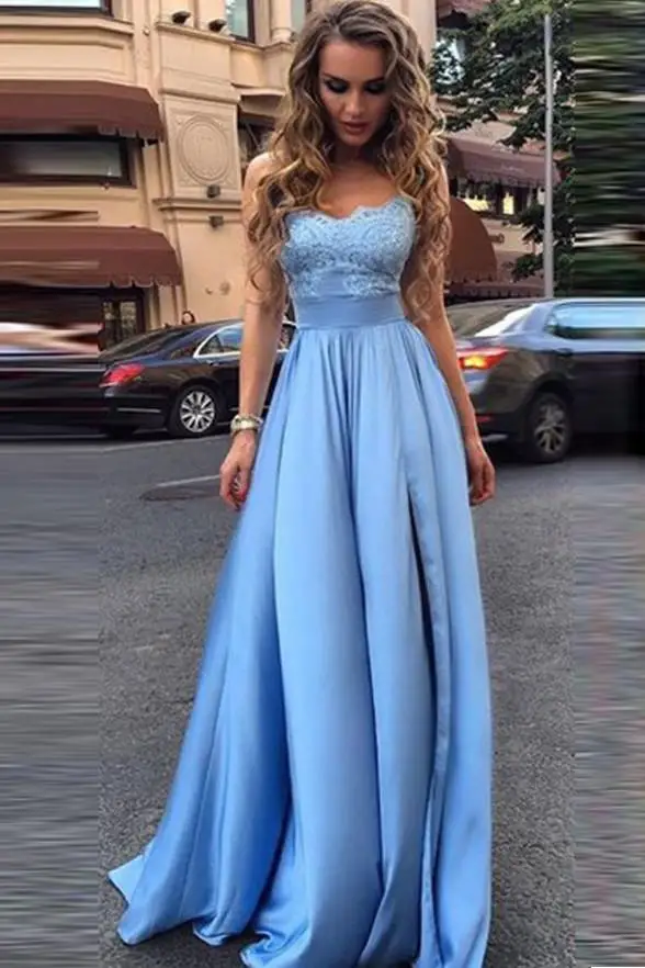 Strapless Sweetheart Elastic Satin High Split Lace Appliques Evening Gowns Long Vestido De Formatura Longo
Strapless Sweetheart Elastic Satin High Split Lace Appliques Evening Gowns Long Vestido De Formatura Longo