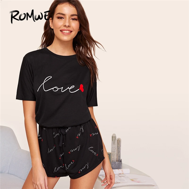 ROMWE Black Heart and Letter Print Pajama Set Women 2019 Summer Short Sleeve Tee Drawstring Short Sets Casual Sleep Nightwear
ROMWE Black Heart and Letter Print Pajama Set Women 2019 Summer Short Sleeve Tee Drawstring Short Sets Casual Sleep Nightwear