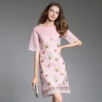 summer 2018 new short sleeve dress women's elegant european fashion round collar lace embroidery flower design brand quality
summer 2018 new short sleeve dress women's elegant european fashion round collar lace embroidery flower design brand quality