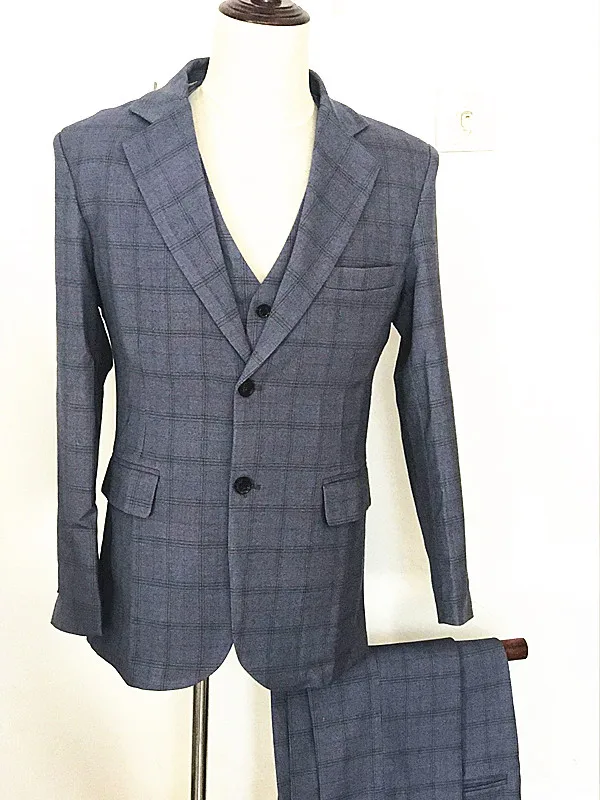 

Two Buttons Navy Plaid Men Slim Fit Suits Notch Lapel Groomsmen Tuxedos Groom Men Wedding Suits Blazer (jacket+pant+vest)
