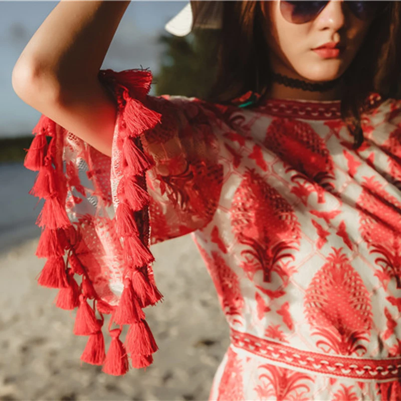 Plegie 2019 модный пляжный стиль бохо красный и белый фарфоровый принт кисточка