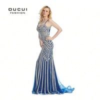 Real Photos Tulle Crystal Royal Blue Color Party Occasion Formal Long Evening Dress OL102829 image