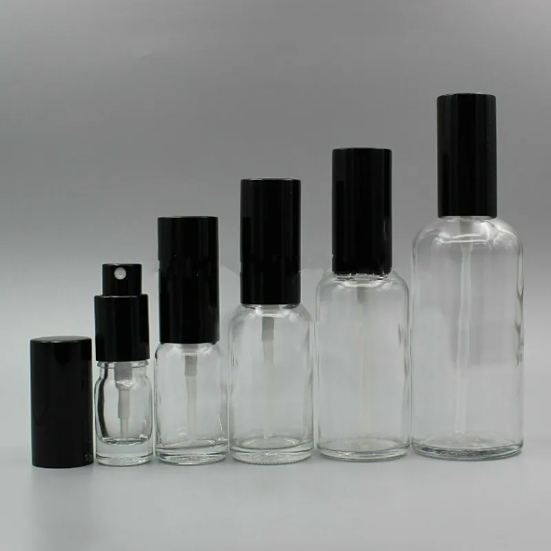 

5ml 10ml 15ml 20ml 30ml 50ml 100ML Empty Clear Glass Perfume Spray Bottles Black Cap Cosmetic Lotion Pump Vial Glass Atomizer
