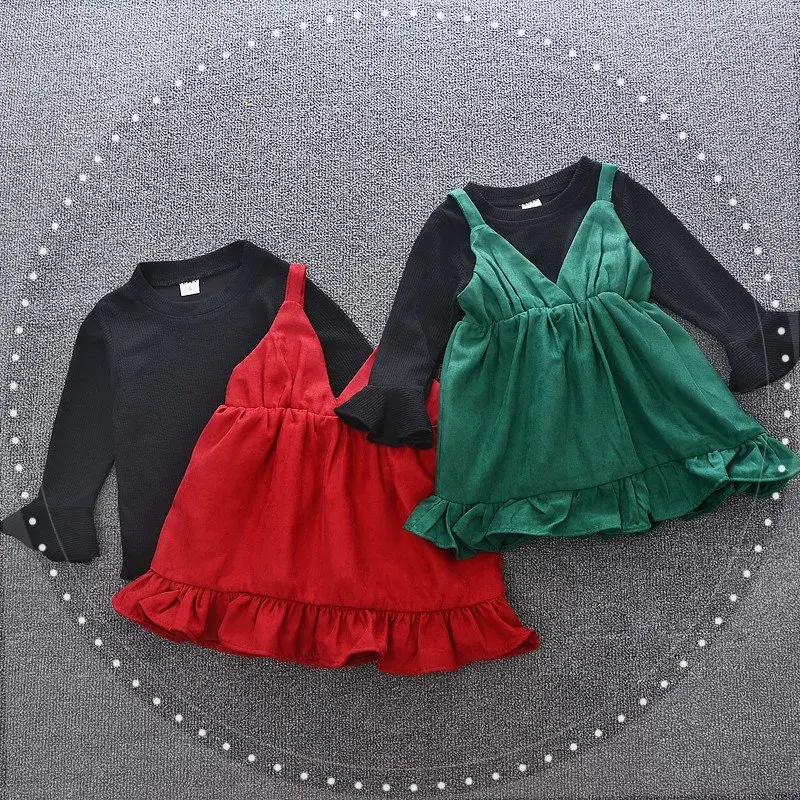 2 Color Vogue Formal Girls Clothes Suspender Ruched Solid Dresses+Black Flare Sleeve Shirt 2pcs Children Clothes Sets
2 Color Vogue Formal Girls Clothes Suspender Ruched Solid Dresses+Black Flare Sleeve Shirt 2pcs Children Clothes Sets