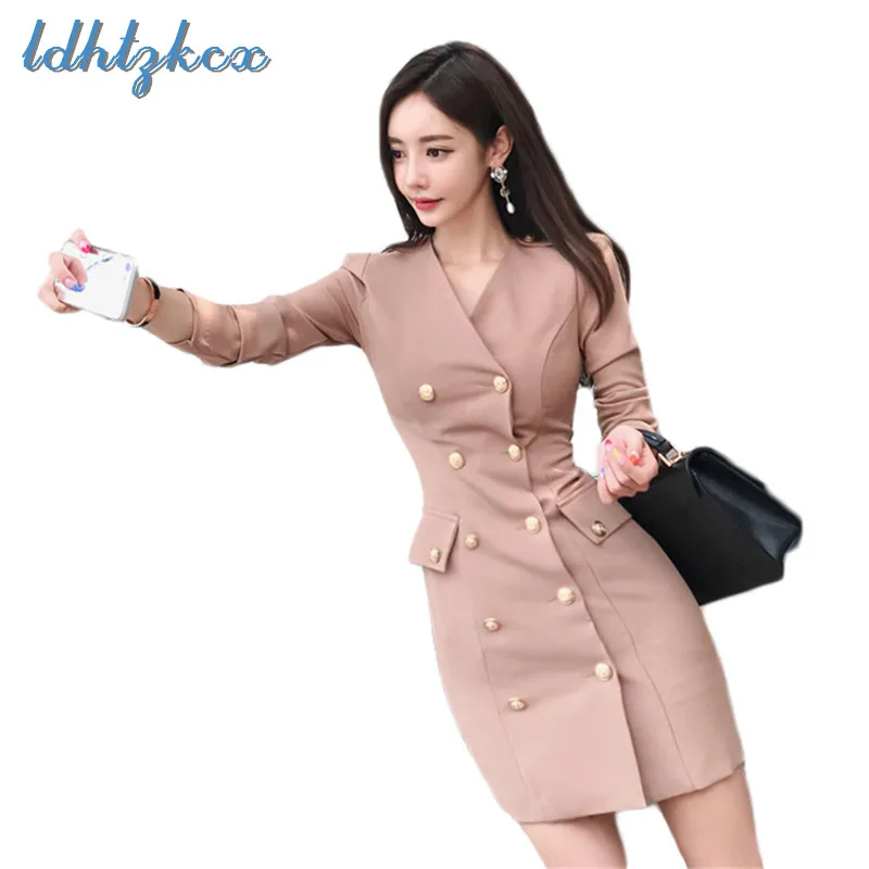 LDHTZKCX Khaki Cotton Pencil Mini-dress Female 2018 Autumn New OL Double Breasted V-Neck Hip-covered Empire Slim Dress LD558 
LDHTZKCX Khaki Cotton Pencil Mini-dress Female 2018 Autumn New OL Double Breasted V-Neck Hip-covered Empire Slim Dress LD558