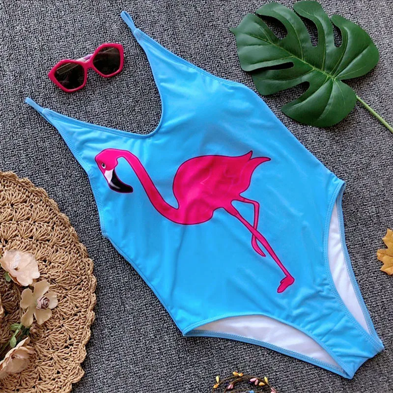 Фото Синий принт Фламинго Для женщин Одна деталь купальник спинки Глубокий V