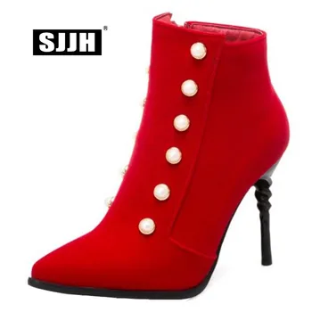 

SJJH Women Stiletto Ankle Boots with Point Toe Winter Flock Zip Beading Short Plush Martin Boots Fashion Shoes Large Size A1005