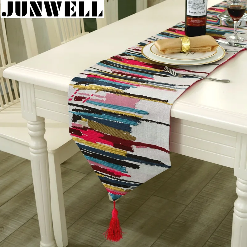 Junwell Fashion Modern Table Runner Colorful Nylon Jacquard Runner Table Cloth With Tassels Cutwork Embroidered Table Runner
Junwell Fashion Modern Table Runner Colorful Nylon Jacquard Runner Table Cloth With Tassels Cutwork Embroidered Table Runner