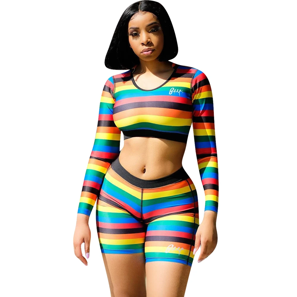Women Autumn Striped Print Rainbow Sets O Neck Long Sleeve Tops Short T Shirt + Elastic Waist Shorts Sexy Streetwear Casual Q
Women Autumn Striped Print Rainbow Sets O Neck Long Sleeve Tops Short T Shirt + Elastic Waist Shorts Sexy Streetwear Casual Q
