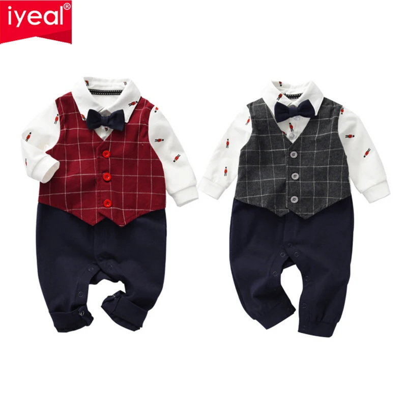 IYEAL Gentleman Baby Boys Clothes Children Newborn Bowtie Fake Two Pieces Romper Overalls Toddler Boy Party Wedding Suits 0-18M |