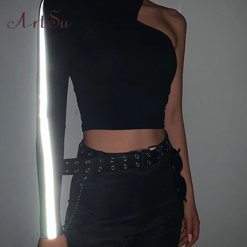 ArtSu Fall Autumn Reflective One Shoulder Top Sexy Black Tshirt Crop Tops Buckle Woman Tshirt Top Casual Streetwear ASTS21094
ArtSu Fall Autumn Reflective One Shoulder Top Sexy Black Tshirt Crop Tops Buckle Woman Tshirt Top Casual Streetwear ASTS21094