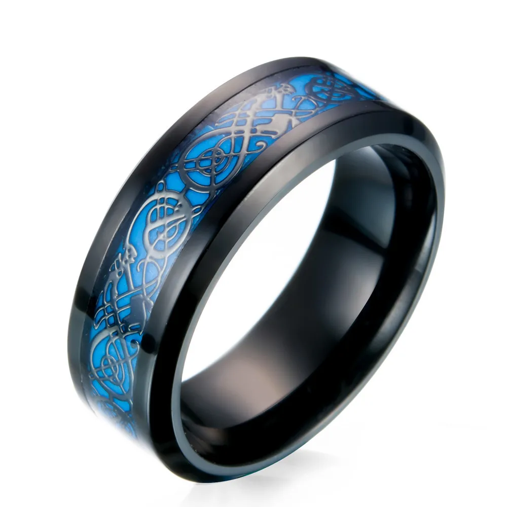 Мужское кольцо из углеродного волокна черного и синего цвета с драконом