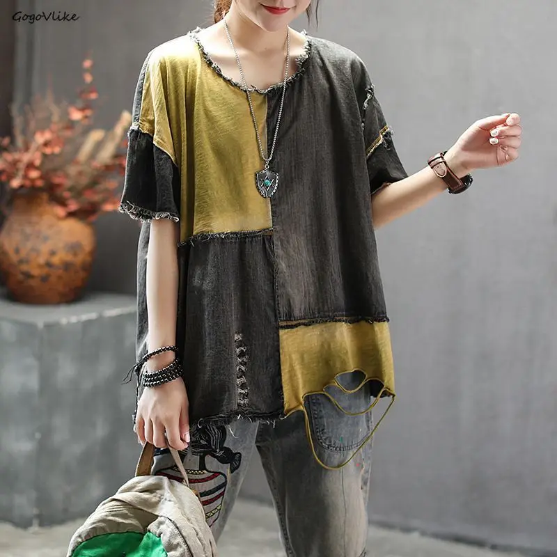 Color Patch Female Holes Tee Shirts 2019 Summer Ladies Color Block Jean Spliced Tops Womens Oversize Tshirt Vintage LT170SS50
Color Patch Female Holes Tee Shirts 2019 Summer Ladies Color Block Jean Spliced Tops Womens Oversize Tshirt Vintage LT170SS50