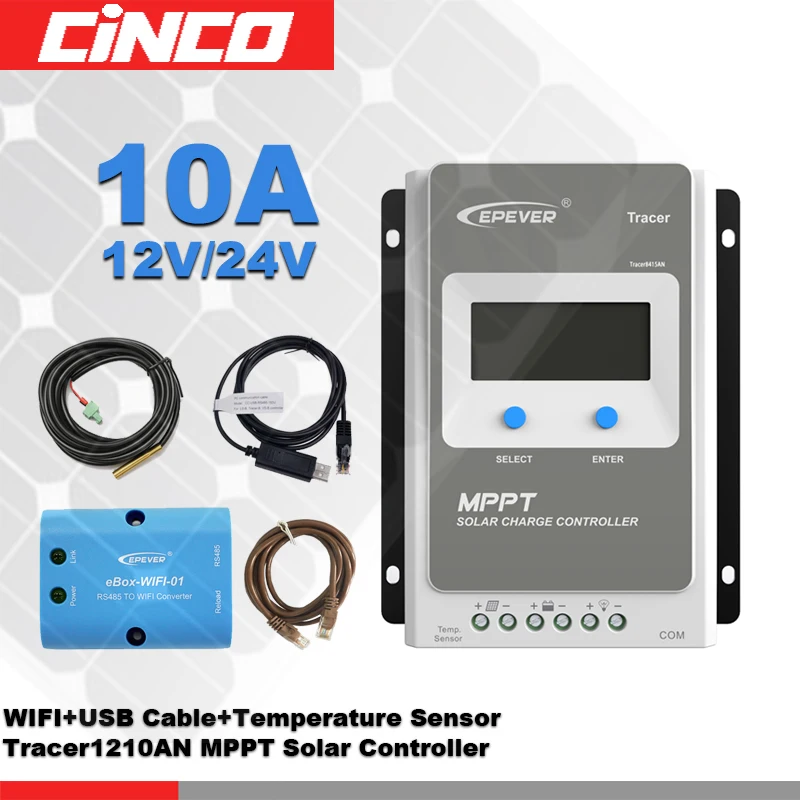 Tracer1210AN 10A 12V/24V MPPT Solar controller with eBOX-WIFI converter and USB communication cable & temperature sensor
Tracer1210AN 10A 12V/24V MPPT Solar controller with eBOX-WIFI converter and USB communication cable & temperature sensor