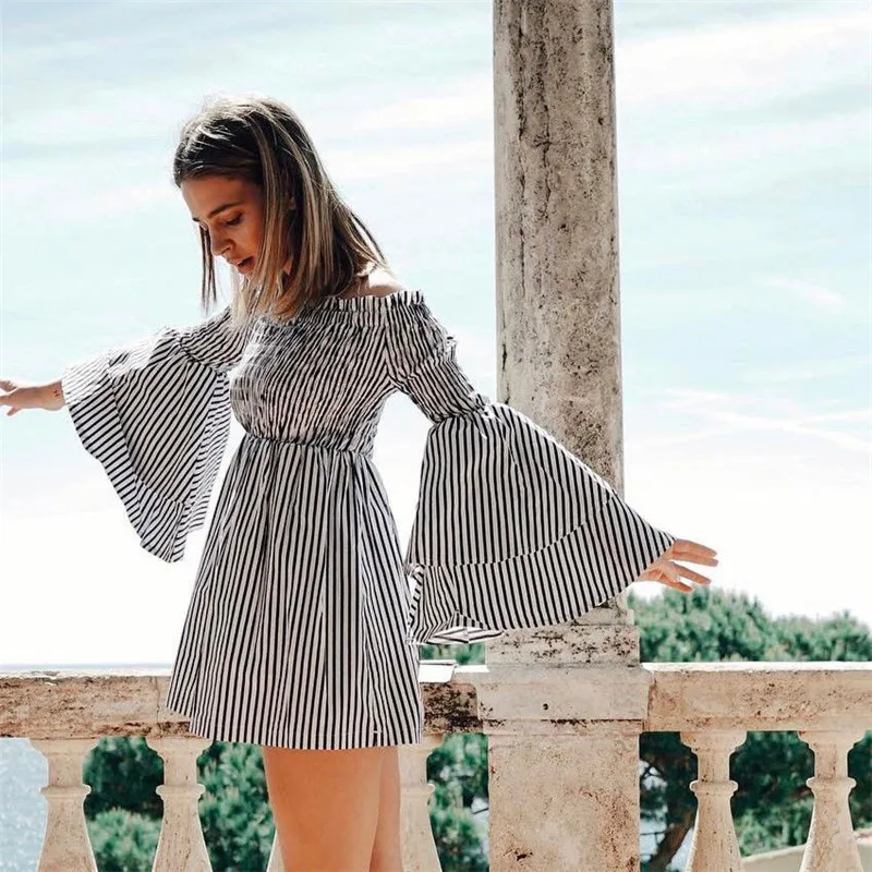 Fashion Women Summer Dress Flare Sleeve Striped Mini Dresses 2018 Casual Off Shoulder Evening Party Beach Short Dresses Vestidos
Fashion Women Summer Dress Flare Sleeve Striped Mini Dresses 2018 Casual Off Shoulder Evening Party Beach Short Dresses Vestidos