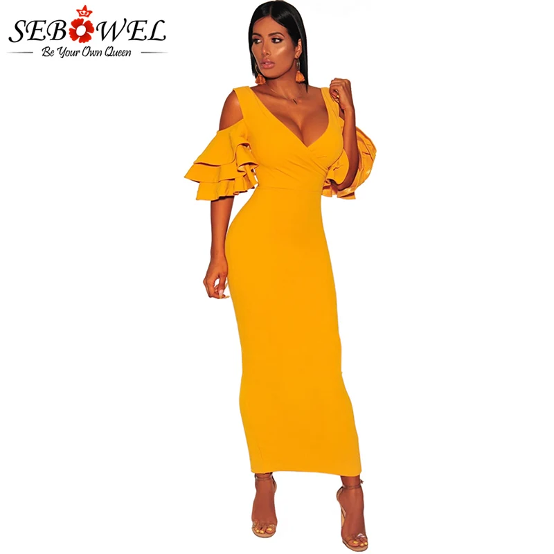 SEBOWEL Sexy Ruffle Off Shoulder Bodycon Dress Women Long Maxi Yellow Faux Wrap Party Dress Female V Neck Club Pencil Dress
SEBOWEL Sexy Ruffle Off Shoulder Bodycon Dress Women Long Maxi Yellow Faux Wrap Party Dress Female V Neck Club Pencil Dress
