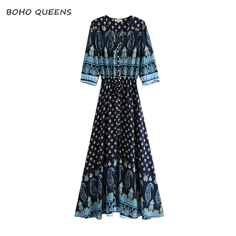 Boho Chic women deep blue floral print single breasted Bohemian rayon cotton maxi dresses Ladies V neck vintage vestidos
Boho Chic women deep blue floral print single breasted Bohemian rayon cotton maxi dresses Ladies V neck vintage vestidos