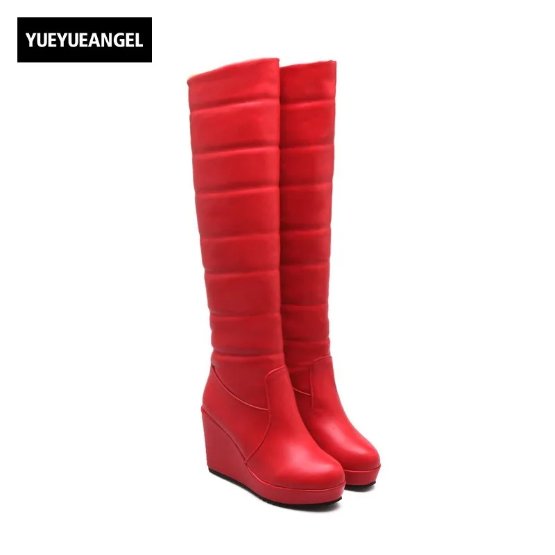 New Arrival Winter Women Snow Boots Round Toe Warm Pumps For Women Wedges Shoes Femme Knee High Boots Slip On White Black Red