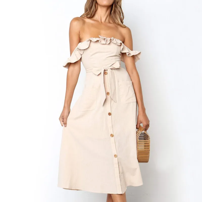 Casual Button Summer Dress Sexy Off Shoulder Ruffle Women Dress Elegant Female Dress
Casual Button Summer Dress Sexy Off Shoulder Ruffle Women Dress Elegant Female Dress