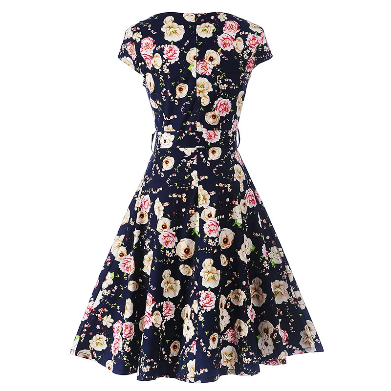 Kostlish Floral Print Summer Sundress 2017 Short Sleeve Belt Tunic Vintage Dress Women Elegant Swing Rockabilly Party Dresses (2)