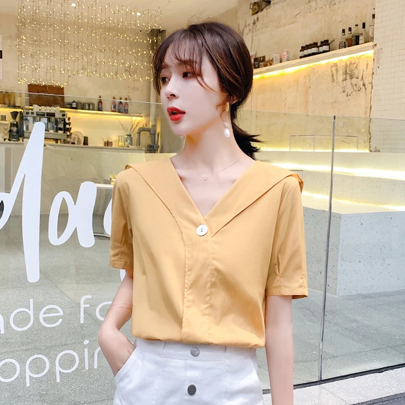 Summer Chiffon Yellow Blouse Korean Yellow Blouse And Shirt Short V-neck Tops women Leisure 2019
Summer Chiffon Yellow Blouse Korean Yellow Blouse And Shirt Short V-neck Tops women Leisure 2019