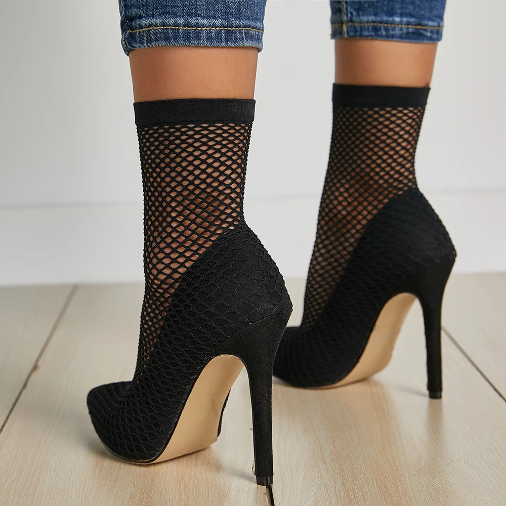 

2019 Fashion Flock Women Pumps Mesh Stretch Fabric Sock Boots Thin Heels Pointed Toe Ankle Woman Party Black Pumps 11CM