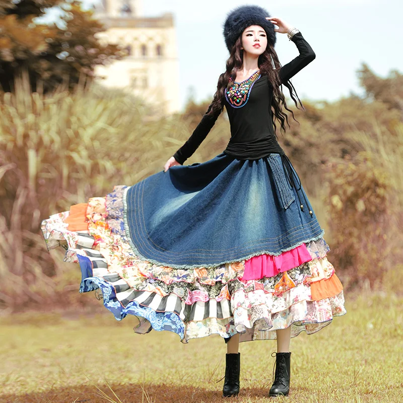 BOSHOW Autumn Original Design Women Vintage&Retro Bohemia Rustic Denim Chiffon Patchwork Novelty Asymmetrical Long Skirt
BOSHOW Autumn Original Design Women Vintage&Retro Bohemia Rustic Denim Chiffon Patchwork Novelty Asymmetrical Long Skirt