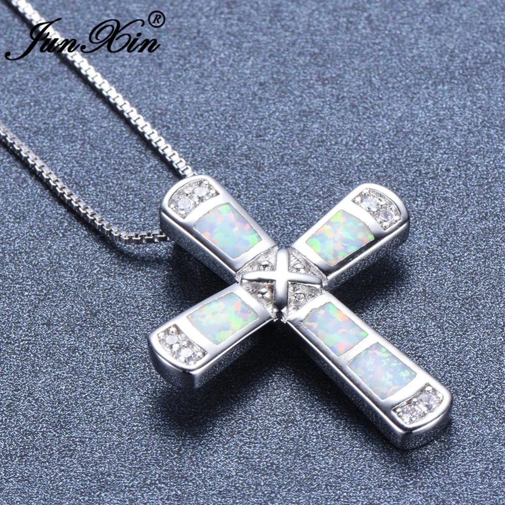 JUNXIN Blue/White Fire Opal Cross Pendant Necklace For Women 925 Sterling Silver Filled Choker Fashion Wedding Jewelry Best Gift
JUNXIN Blue/White Fire Opal Cross Pendant Necklace For Women 925 Sterling Silver Filled Choker Fashion Wedding Jewelry Best Gift