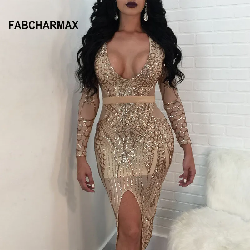 FABCHARMAX New fashion long sleeve chic sequin party dress deep V-neck sexy patchwork sequined club wear split midi dresses 2018
FABCHARMAX New fashion long sleeve chic sequin party dress deep V-neck sexy patchwork sequined club wear split midi dresses 2018