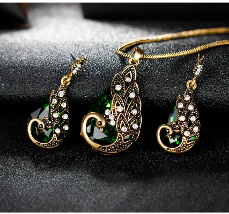 Creative Imitate Crystal Circle Opal Peacock Jewelry Sets Peacocks Necklace Drop Earrings Set For Women Gift CH012 (14)