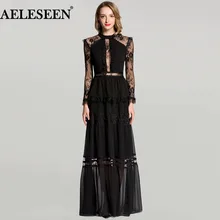 Vestidos largos Sexy de encaje para mujer Uk 2018 manga completa nueva llegada invierno Maxi vestido de fiesta vestido de pasarela de diseñador de moda(China)