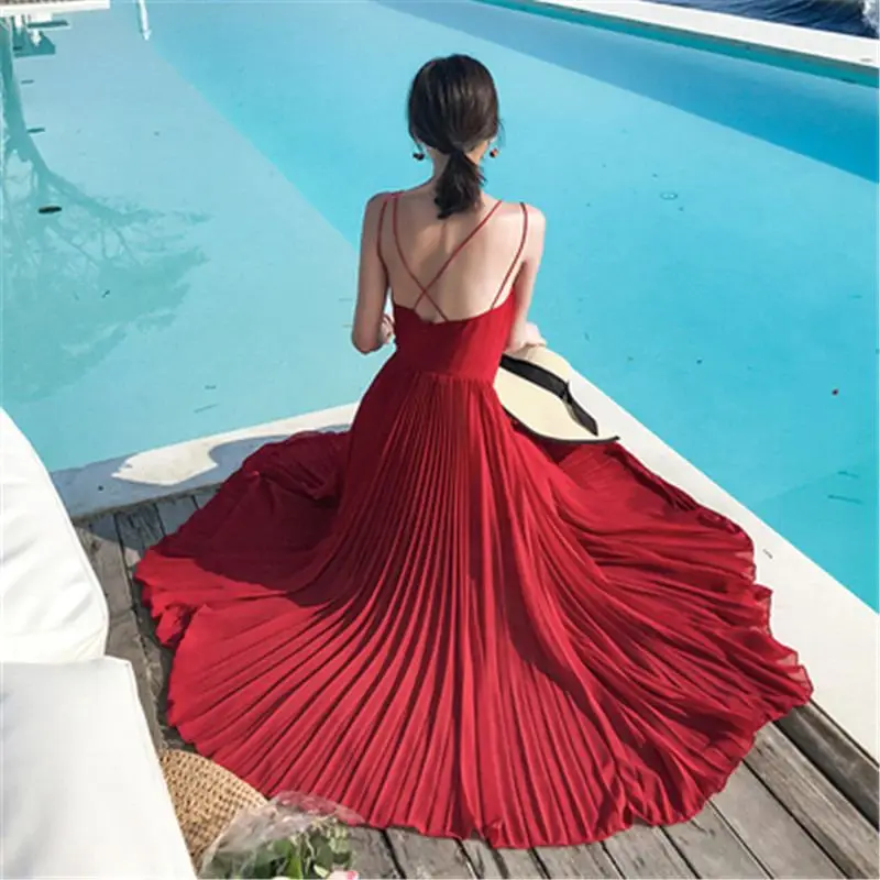 2019 Women New Summer Boho Spaghetti Strap Chiffon Long Dresses Female Solid Beach Pleated Dress Lady Backless Fairy Vestido Y23
2019 Women New Summer Boho Spaghetti Strap Chiffon Long Dresses Female Solid Beach Pleated Dress Lady Backless Fairy Vestido Y23