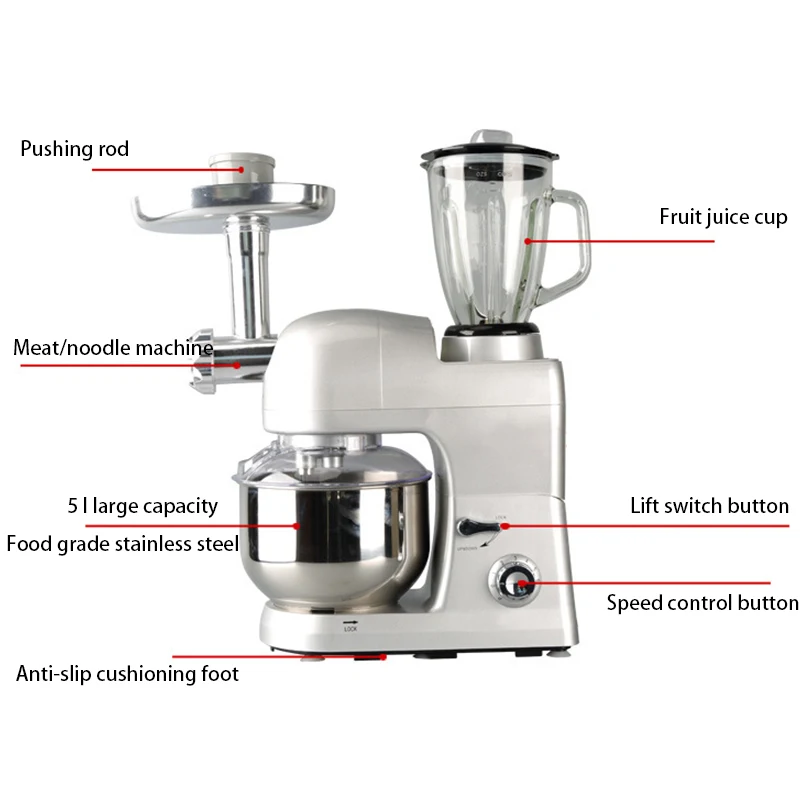 Multifunctional Stand Mixer 5L Food Mixer 1200W Home Dough Knead Machine Meat grinder /Sausage Filler Chef Machine
Multifunctional Stand Mixer 5L Food Mixer 1200W Home Dough Knead Machine Meat grinder /Sausage Filler Chef Machine