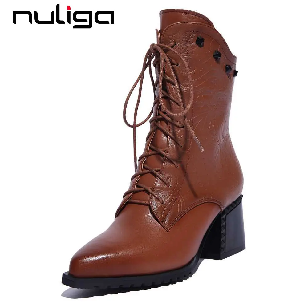Nuliga motorcycle boots solid retro design lace up platform pointed toe thick high heels rivets decoration woman ankle boots L06
Nuliga motorcycle boots solid retro design lace up platform pointed toe thick high heels rivets decoration woman ankle boots L06