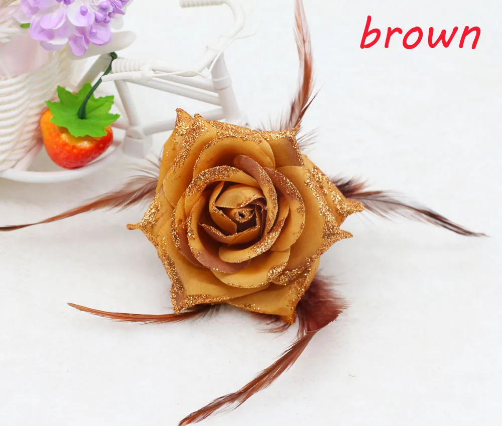 

1PCS NEW brown Rose Corsage Glitter Headdress Flower Feather Fascinator Hairband Brooch WRIST Flower