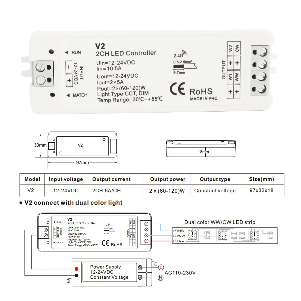 12V LED диммер WW CW контроллер 24V 10A 2CH 2 4G Одноцветный CCT RF Диммер 240W беспроводной пульт