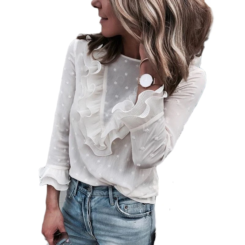 2019 Spring Summer Ruffles Long Sleeve White Blouse Office Shirt Women Petal Sleeve Casual Sexy Transparent O Neck Camisas
2019 Spring Summer Ruffles Long Sleeve White Blouse Office Shirt Women Petal Sleeve Casual Sexy Transparent O Neck Camisas