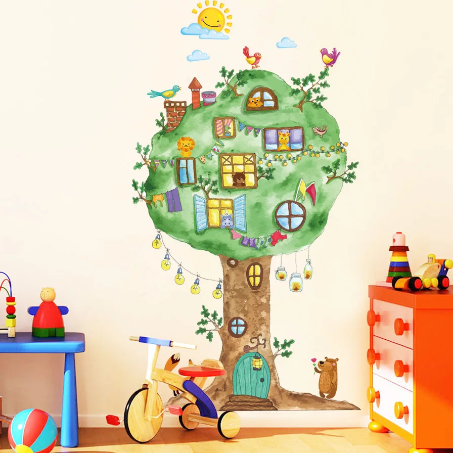 Большой мультфильм tree house windows стикер отличительные знаки Дети home спальня Детский