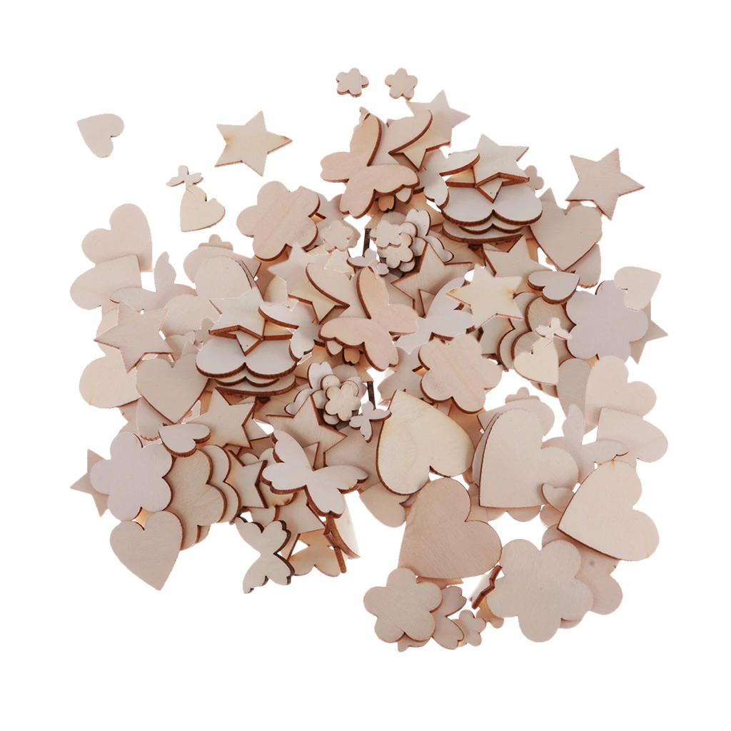 200pcs Assorted Shapes Natural Wooden Craft Embellishments MDF Wood Cutout Scrapbooking for DIY Art Wedding Decoration