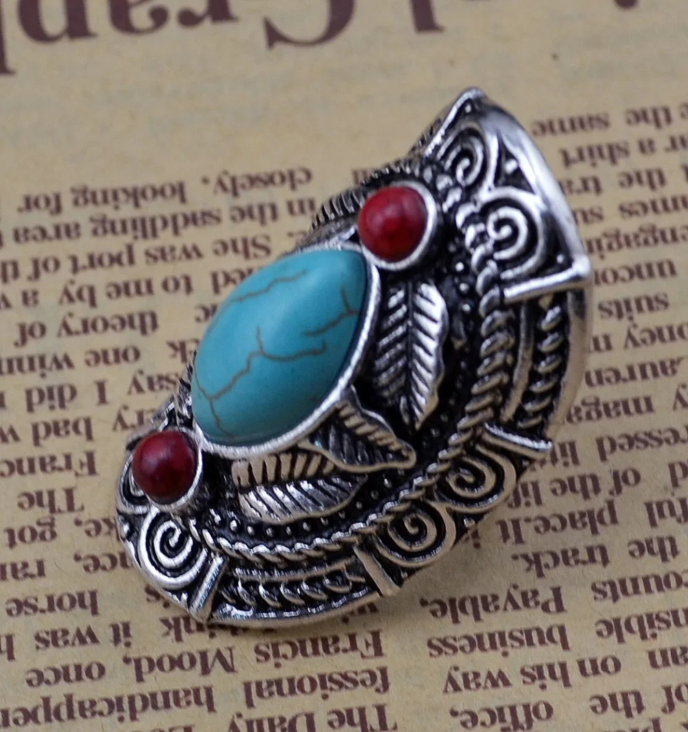 Boho Ethnic Tibet Turquoise Rings For Women Men Retro Silver Color Adjustable Carved Gypsy Tribal Pakistan Afghan Indian Jewelry photo