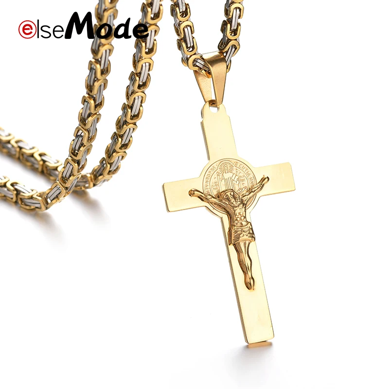 ELSEMODE Punk Big Cross Jesus Necklace Saint Benedict Medal Pendant Necklaces Gold Stainless Steel Byzantine Chain Men Jewelry | Украшения