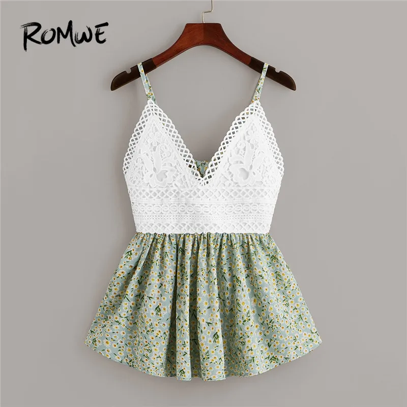 

ROMWE Contrast Lace Boho Cami Top With Ditsy Floral Ruffle Hem Women Colorblock Tie Bow Back Detail Spaghetti Strap Vest