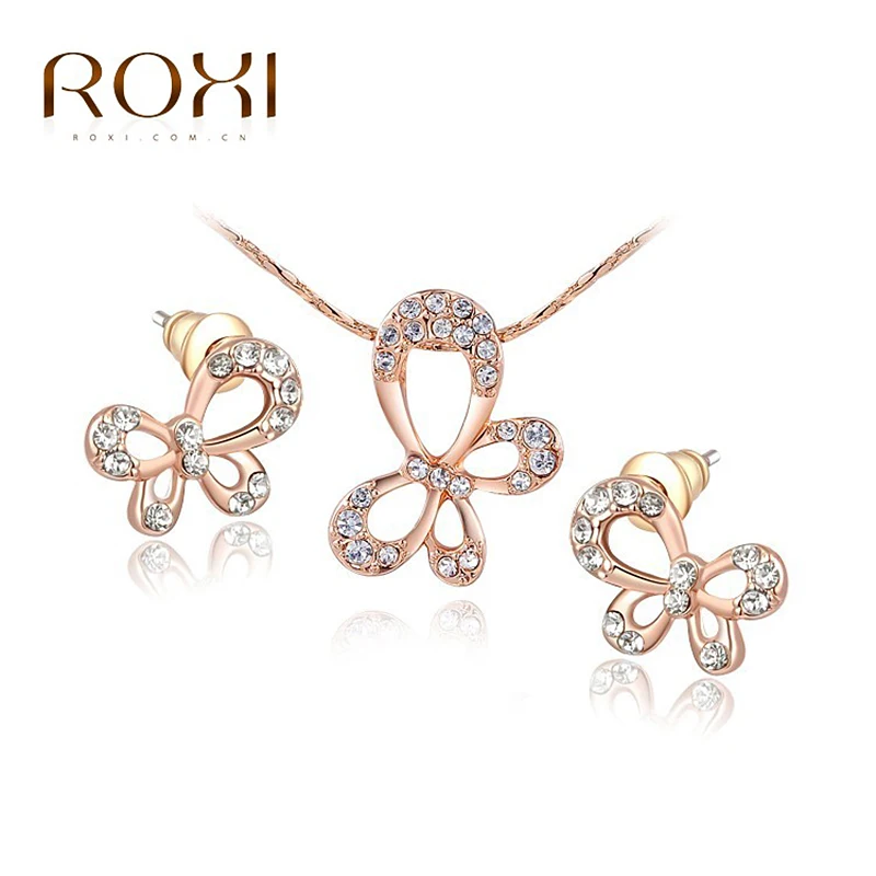 ROXI Happiness Crystal Butterfly Stud Earrings/Chain Necklace Rose Gold Color Wedding Jewelry Set Romantic Gift
ROXI Happiness Crystal Butterfly Stud Earrings/Chain Necklace Rose Gold Color Wedding Jewelry Set Romantic Gift