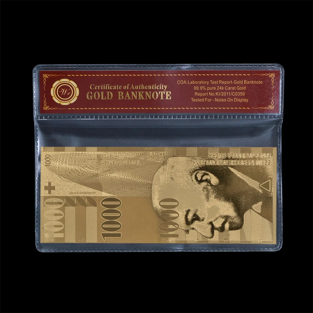 Swiss Golden Bills Newest Pure Gold Banknote in Stock Carved 1000 Franc in Plastic Frame
Swiss Golden Bills Newest Pure Gold Banknote in Stock Carved 1000 Franc in Plastic Frame