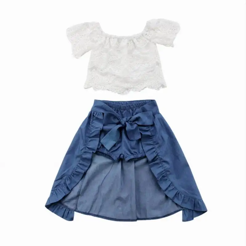 Retail 3PCS Cute Toddler Girl Sets Off Shoulder Lace White T-Shirts Tops Blue Denim Shorts Ankle-Length Dress Outfits 1-5T MN001
Retail 3PCS Cute Toddler Girl Sets Off Shoulder Lace White T-Shirts Tops Blue Denim Shorts Ankle-Length Dress Outfits 1-5T MN001