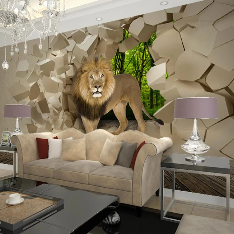 

3D Stereo Lion Broken Wall Murals Photo Wallpapers Dining Room Bedroom Living Room 3D Room Landscape Wall Papers Papel De Parede